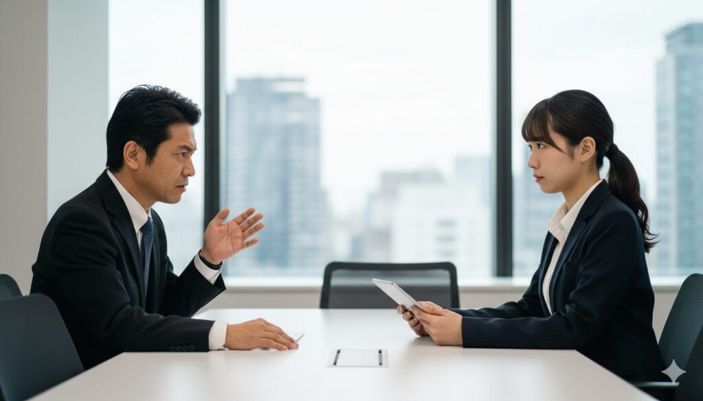 会議室で、厳しい顧客役の上司に対し、真剣にロールプレイングを行う日本人若手営業担当者の写真。