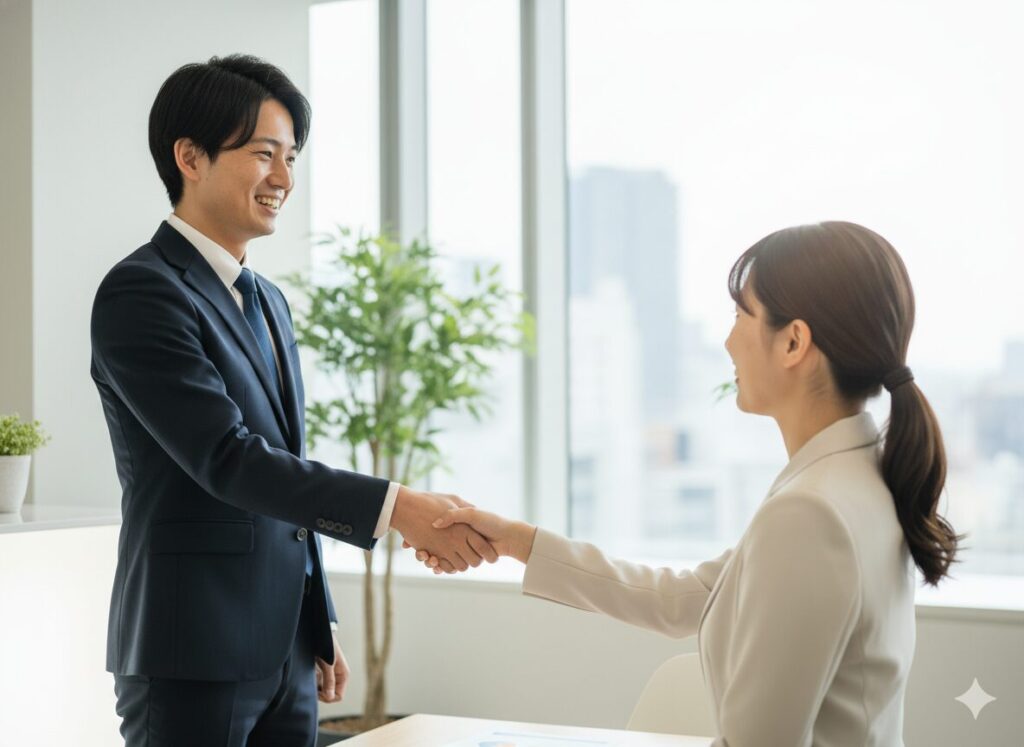 笑顔で握手を交わし信頼関係を築く日本人営業マンと顧客