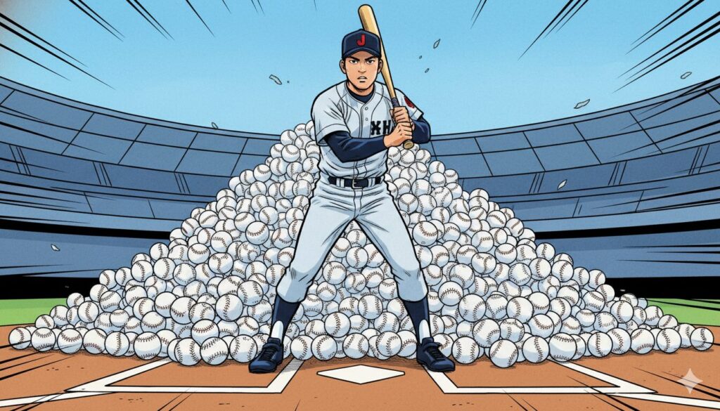 野球のバッターが打席に立っているイラスト、大量のボールが飛び交うイメージ