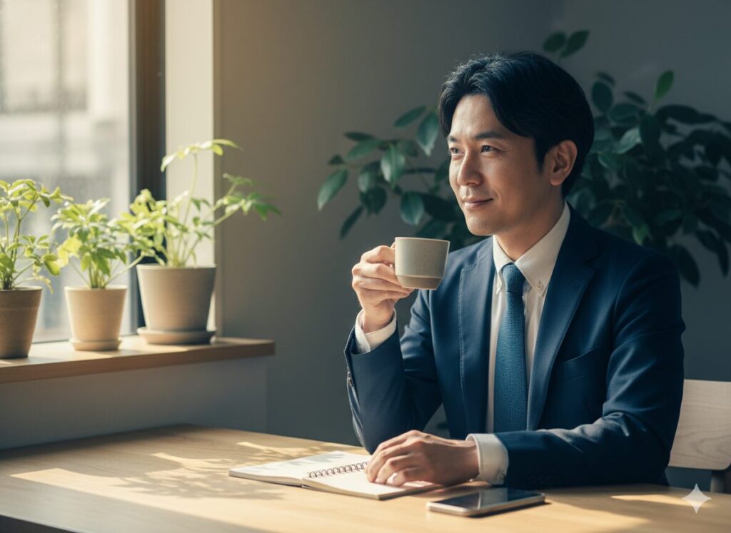 朝のコーヒーで1日を整える営業マ