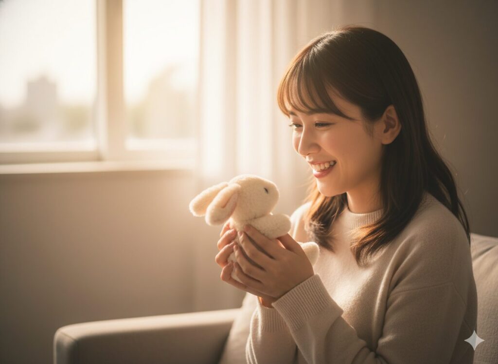 日本人女性が小さなぬいぐるみを優しく持ち、嬉しそうに微笑む姿。所有することで生まれる満足と愛着を表す。