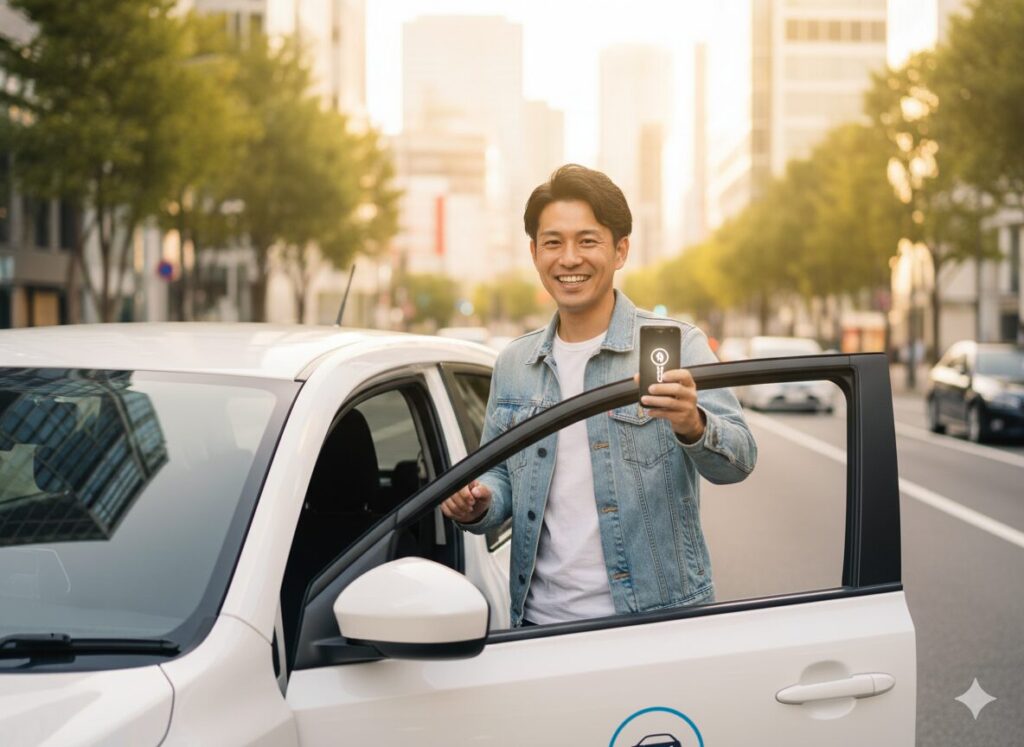 男性が車のドアを開けて立っている