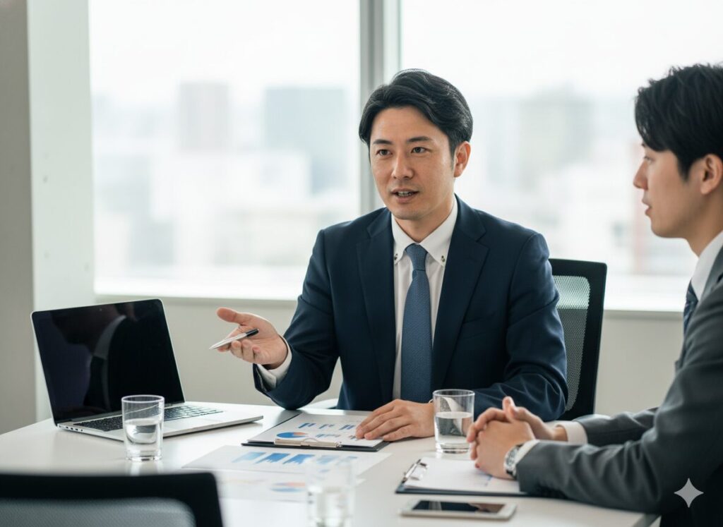 想定外の質問にも冷静に答える営業職の男性