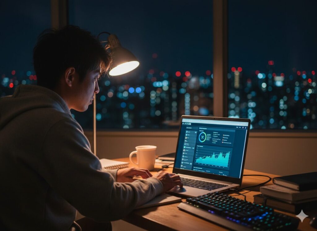 男性が夜にブログを書いている