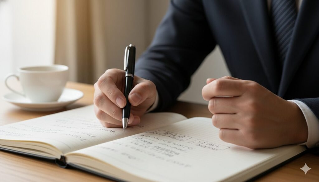 デスクで集中して商談のKPIや戦略を書き込んでいる日本人ビジネスパーソンの手元のクローズアップ写真。