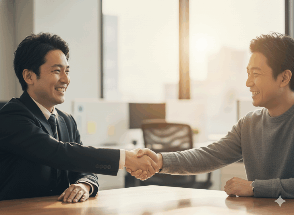 笑顔で握手を交わす営業担当者と顧客。ゴールデンサイレンスを経て、納得して成約に至った成功の瞬間