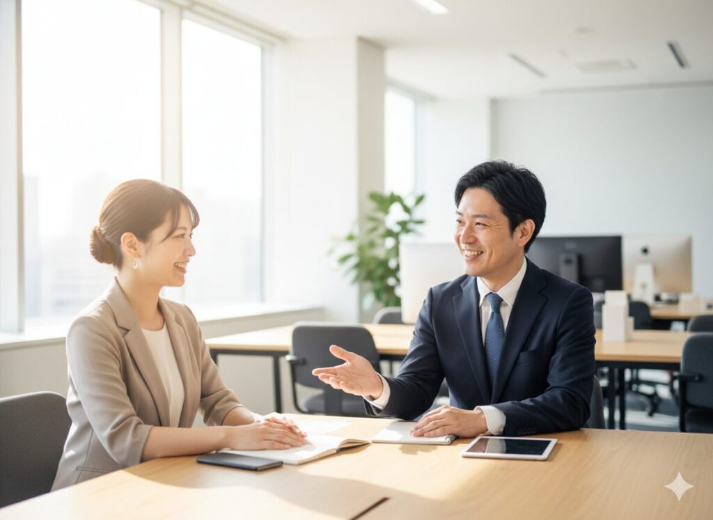 営業マンが笑顔で顧客と会話している。営業は心理を理解することが大切。