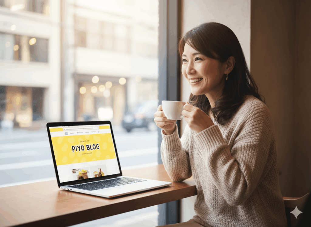 カフェでノートパソコンを見ながら、ピヨブログを読み、スッキリした明るい表情でコーヒーを飲む日本人女性