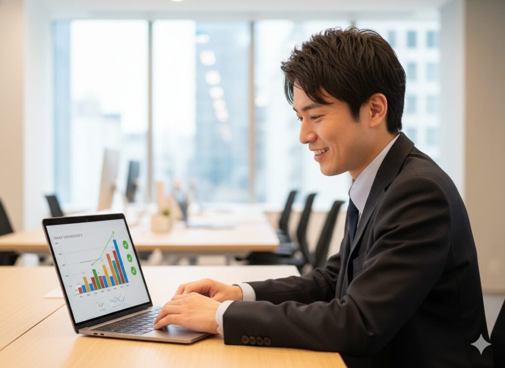 ノートパソコンを見ながら成果を確認する営業担当者。営業モチベーションを維持する姿。