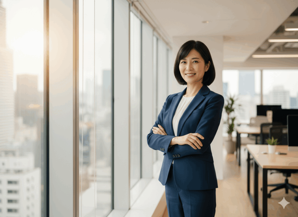 焦りを見せず、穏やかな笑顔で顧客の決断を待つトップ営業マン。社会的証明となる自信の表れ