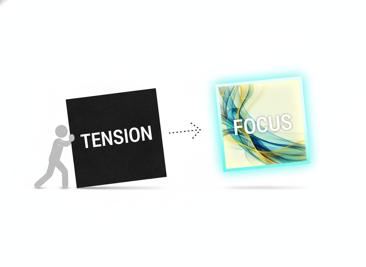 「緊張」と書かれたネガティブな枠を外し、「集中」と書かれたポジティブな枠にはめ直すイラスト」