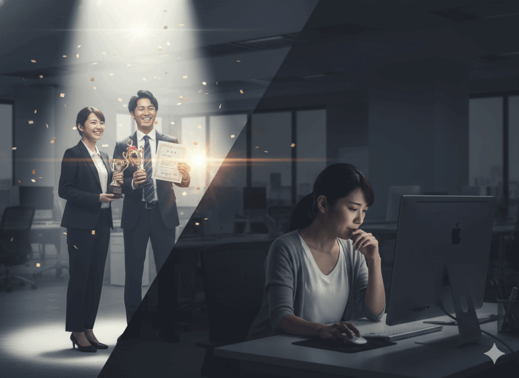 輝いて見える同僚と、デスクでため息をつく自分を対比させたイラスト