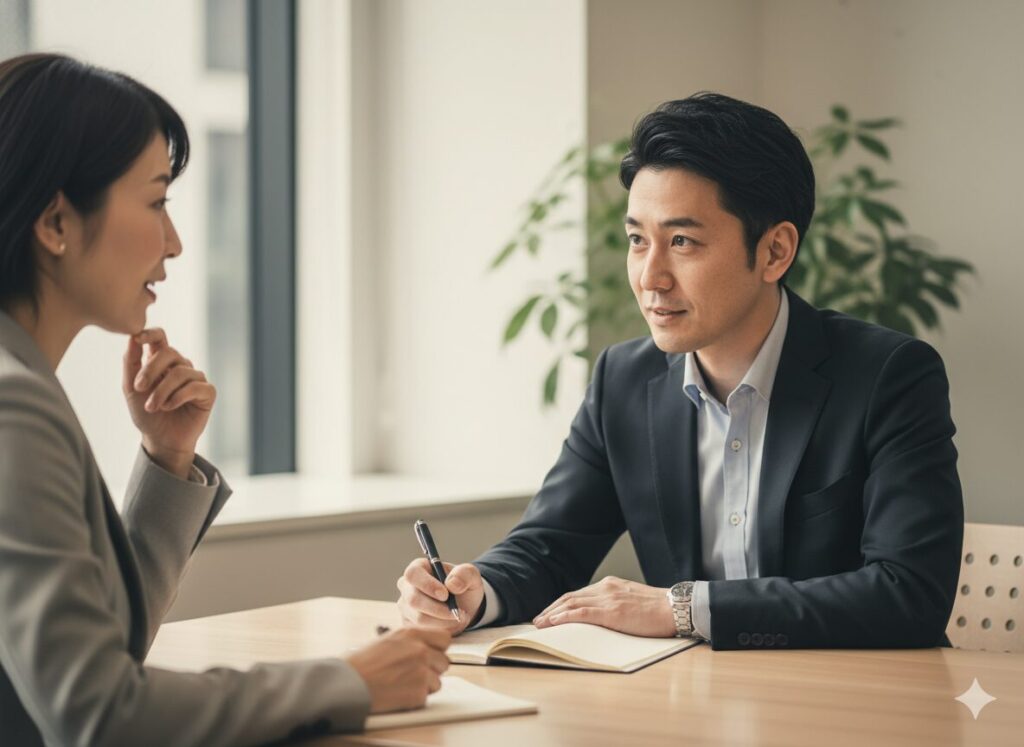 顧客の話を聞きながらメモを取る営業マン。営業に向いている人は聞く力を持つ。