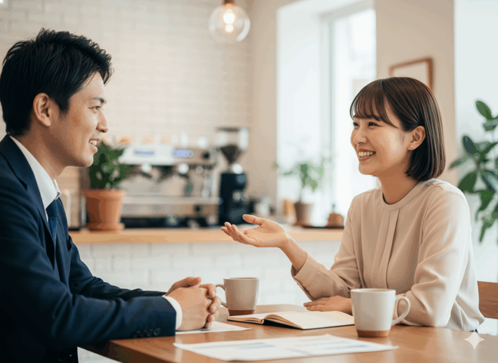 カフェ風の商談スペースで、笑顔で話す顧客(女性)と、同じような柔らかな表情と姿勢で話を聞く営業マン(男性)。自然な同調感が伝わる構図。