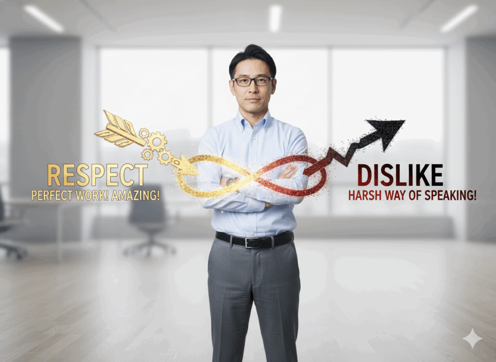 一人の人物（上司）のイラストから、『仕事できる（尊敬）』の矢印と『性格わるい（嫌い）』という相反する矢印が同時に出ている様子