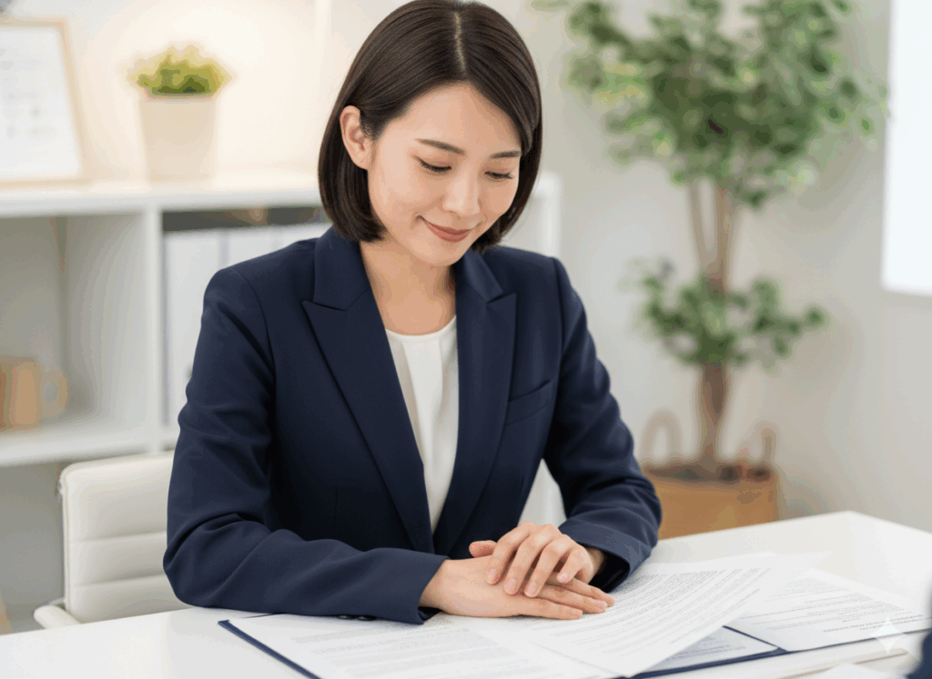 視線をあえて資料に落とし、顧客の思考を邪魔しないよう静かに待つ女性営業担当者。沈黙中の正しい視線の作法