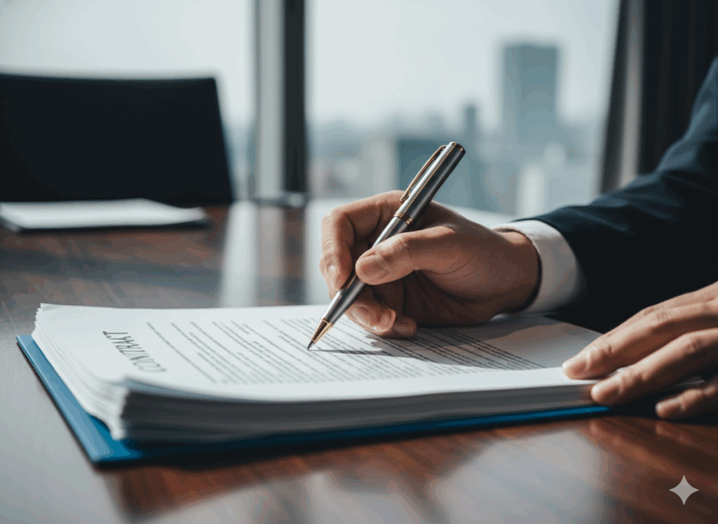 自分で決断し、契約書にペンを走らせるビジネスマンの手元。自己決定感と一貫性の原理により成約率が高まる瞬間