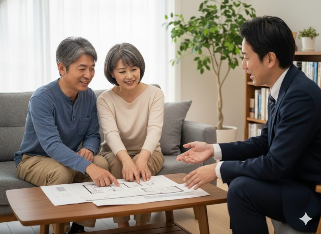 リフォームの初回商談で決定権者(キーマン)である夫婦が二人で話を聞くことの重要性を示す図。