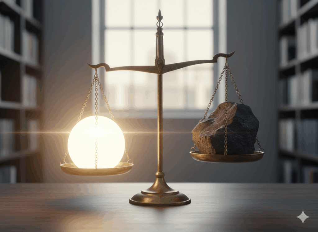 認知的不協和の心理描写。導入による魅力的な未来(メリット)とコストへの不安(デメリット)が天秤に乗って揺れ動いている様子