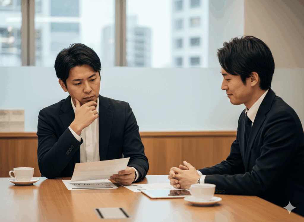 商談のクロージングで提案書を見つめて真剣に考える男性客と、焦らずに沈黙を守る営業担当者(ゴールデンサイレンスの実践)