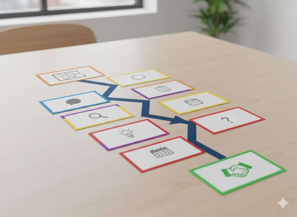 リフォーム営業の初回商談における、準備からテストクロージングまでの具体的な8ステップの流れ。