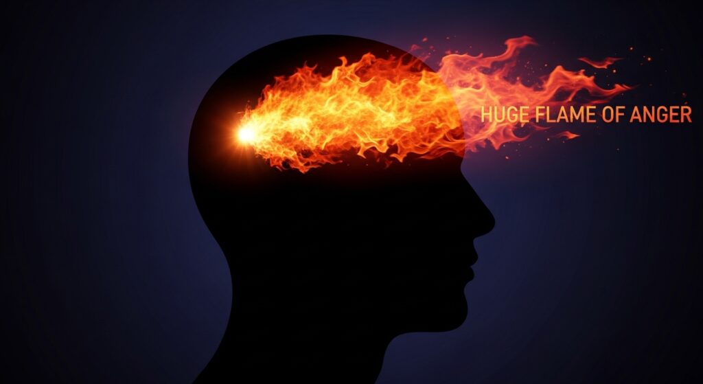 脳内で正義感の炎が怒りの業火へと変わり、冷静さを失っていく人間の心理描写イラスト