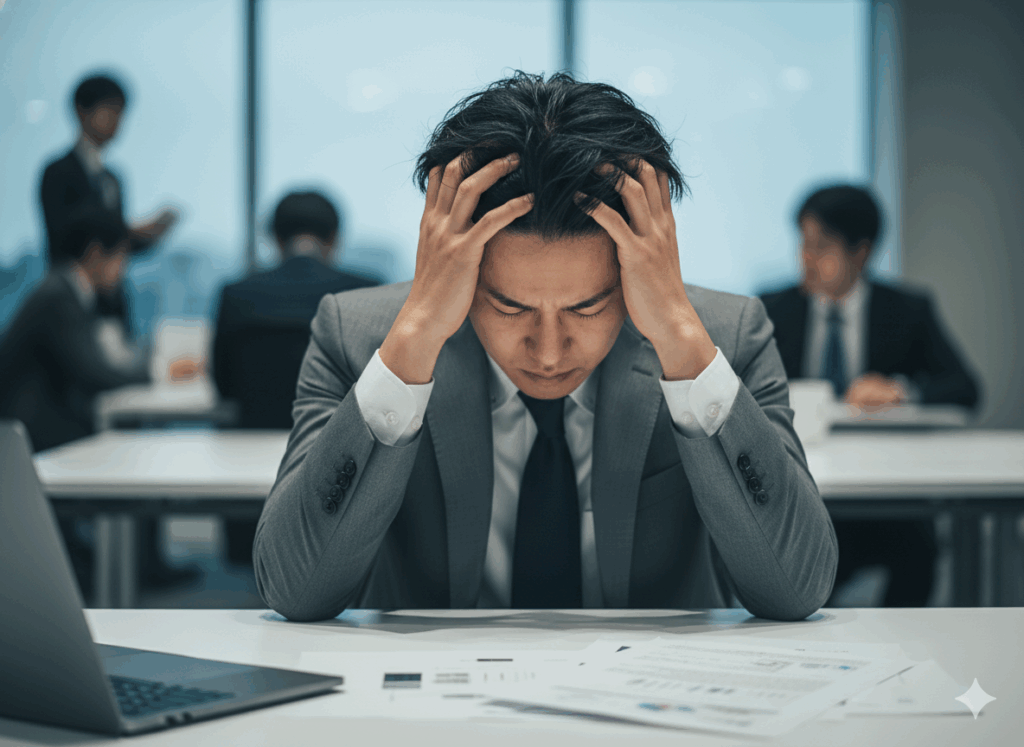 オフィスのデスクで頭を抱えて悩んでいる20代の日本人男性営業職。PC画面には失注した商談記録が表示されている。夕暮れの哀愁漂う雰囲気。