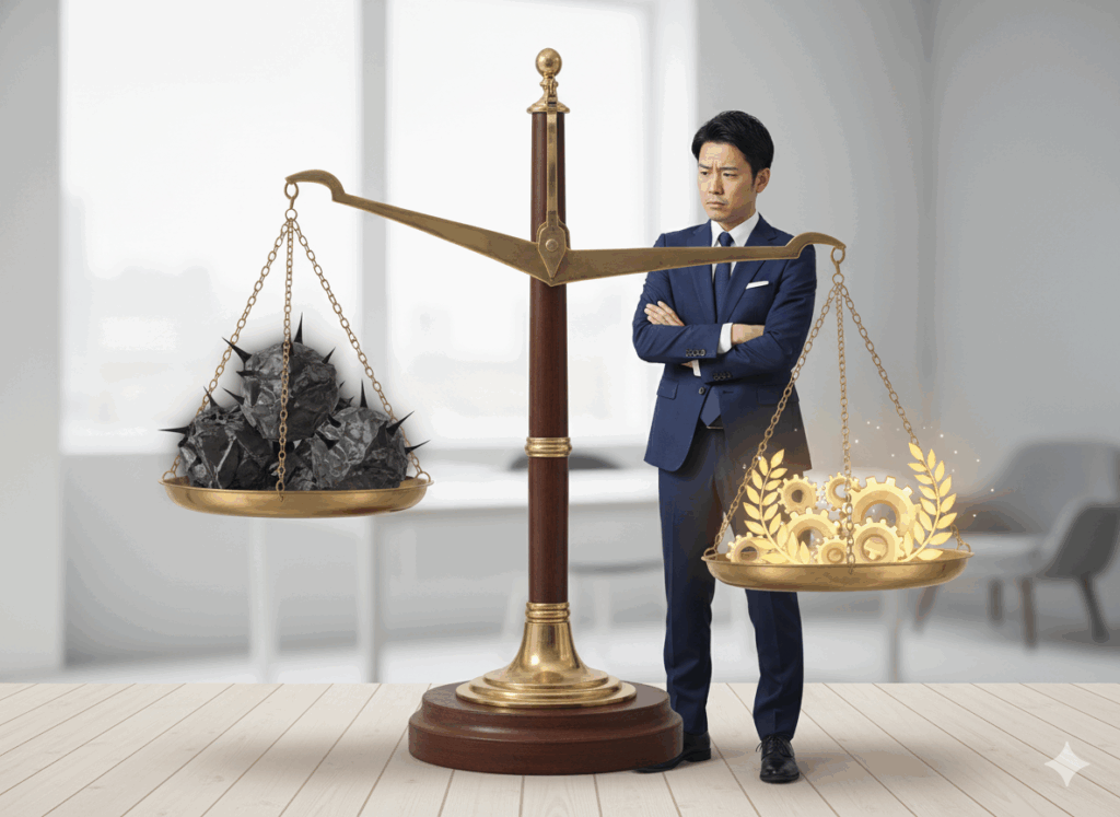 嫌いという感情と尊敬という感情が乗った天秤が揺れており、それを見て腕組みするビジネスパーソン