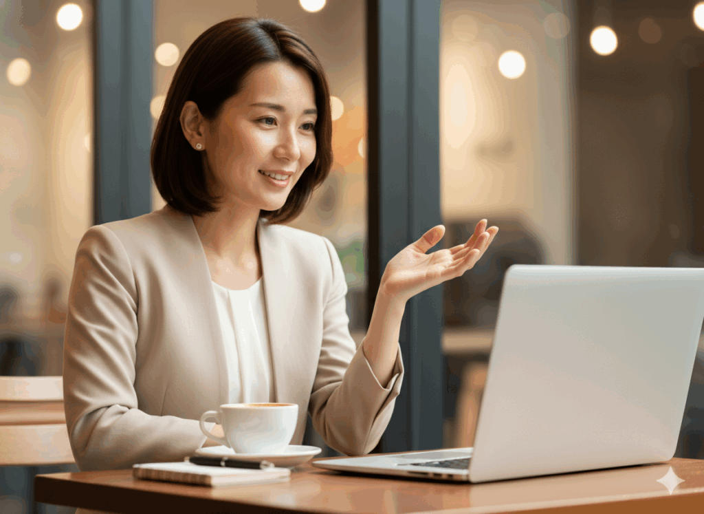 スマホでピヨブログを読み、スッキリした表情で頷く30代の日本人女性」】を挿入