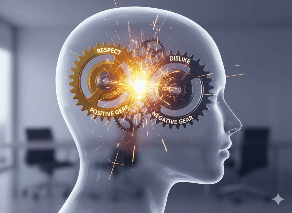 認知的不協和のモヤモヤ」、Alt「頭の中で『尊敬（＋）』と『嫌い（−）』の歯車が噛み合わず、火花が散っている様子を描いたイラスト