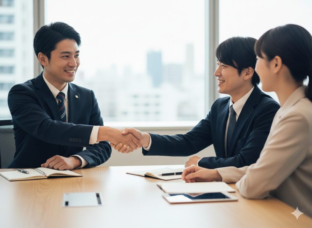 顧客と握手する日本人営業マン。営業とは信頼関係を築く仕事。