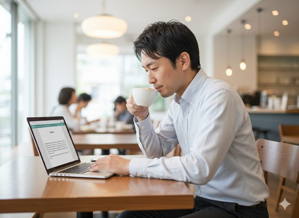 カフェでリラックスしながらスマホでお得な商品をチェックし、満足げな表情を浮かべるビジネスパーソン