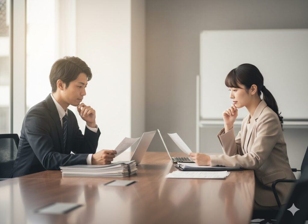 落ち着いた表情で資料を確認する営業職。営業が苦手でも心理的理解で克服できる。