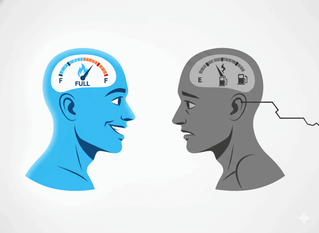ガソリンメーターが満タン(自己効力感・高)の自分と、エンプティ(自己効力感・低)の自分を対比したイラスト