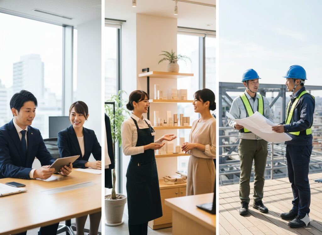 さまざまな業界で働く日本人営業職のイメージ。営業適性は業界ごとに異なる。