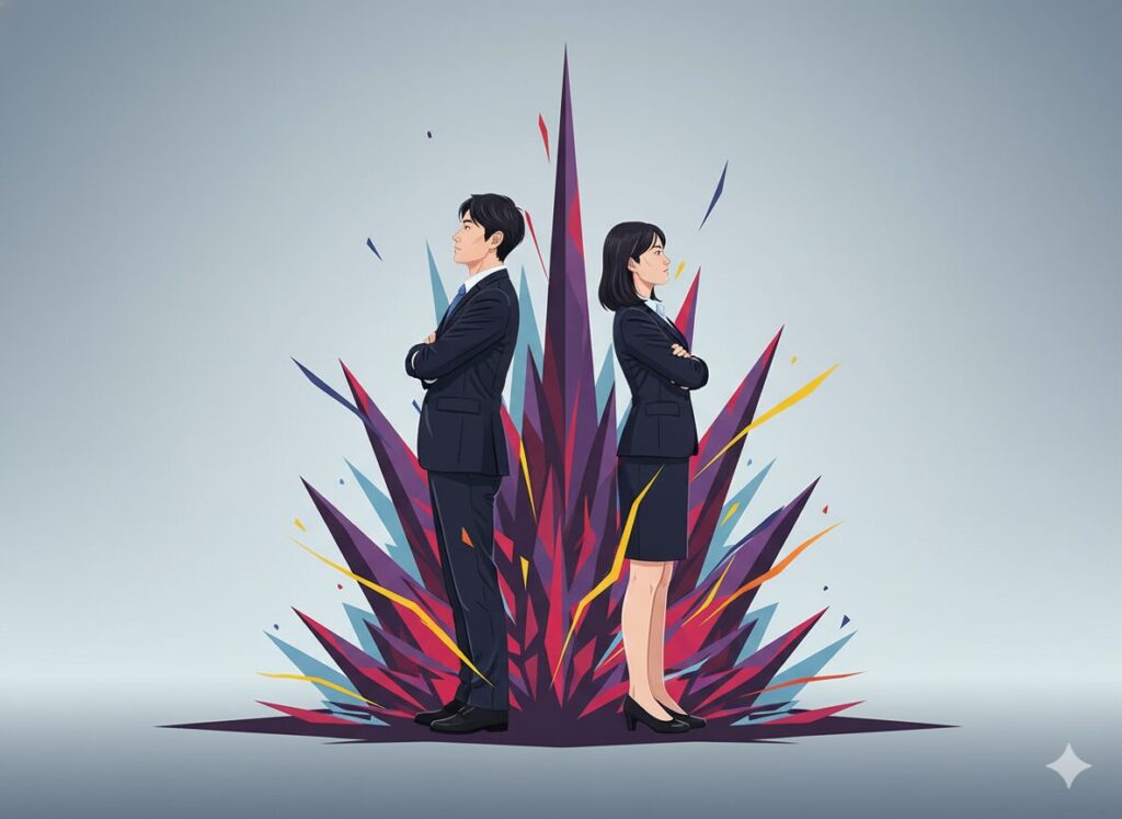 自分と他者の間に透明な防音バリアを張り、ストレスから身を守るビジネスパーソンのイメージ