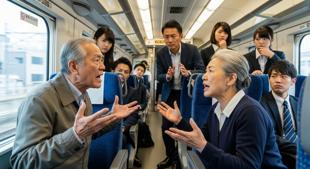 満員電車の座席で2人の男性が激しく口論しており、周囲の乗客が迷惑そうに困惑している緊迫した様子のイラスト