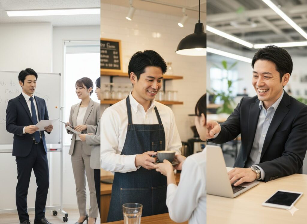 営業経験を活かして新しい職場で働く人。営業スキルはどんな仕事でも生かせる。