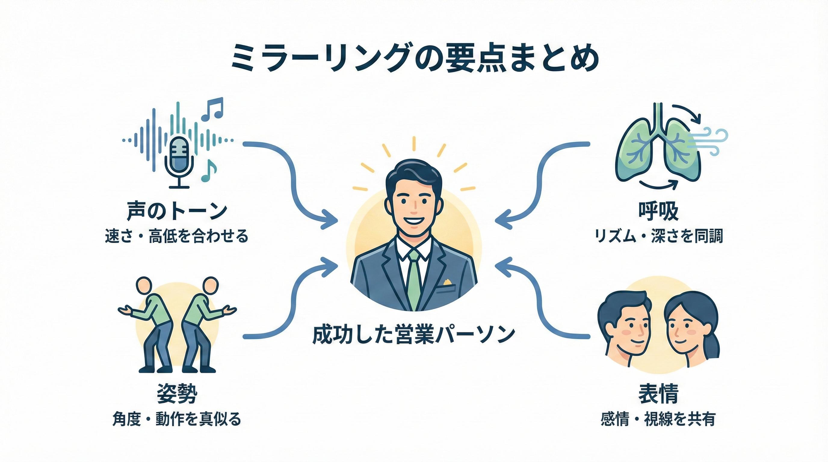 ミラーリングの要点まとめ図解:中央の成功した営業パーソンに向かって、「声のトーン(速さ・高低を合わせる)」「呼吸(リズム・深さを同調)」「姿勢(角度・動作を真似る)」「表情(感情・視線を共有)」の4つの要素が矢印で集まっているインフォグラフィック。