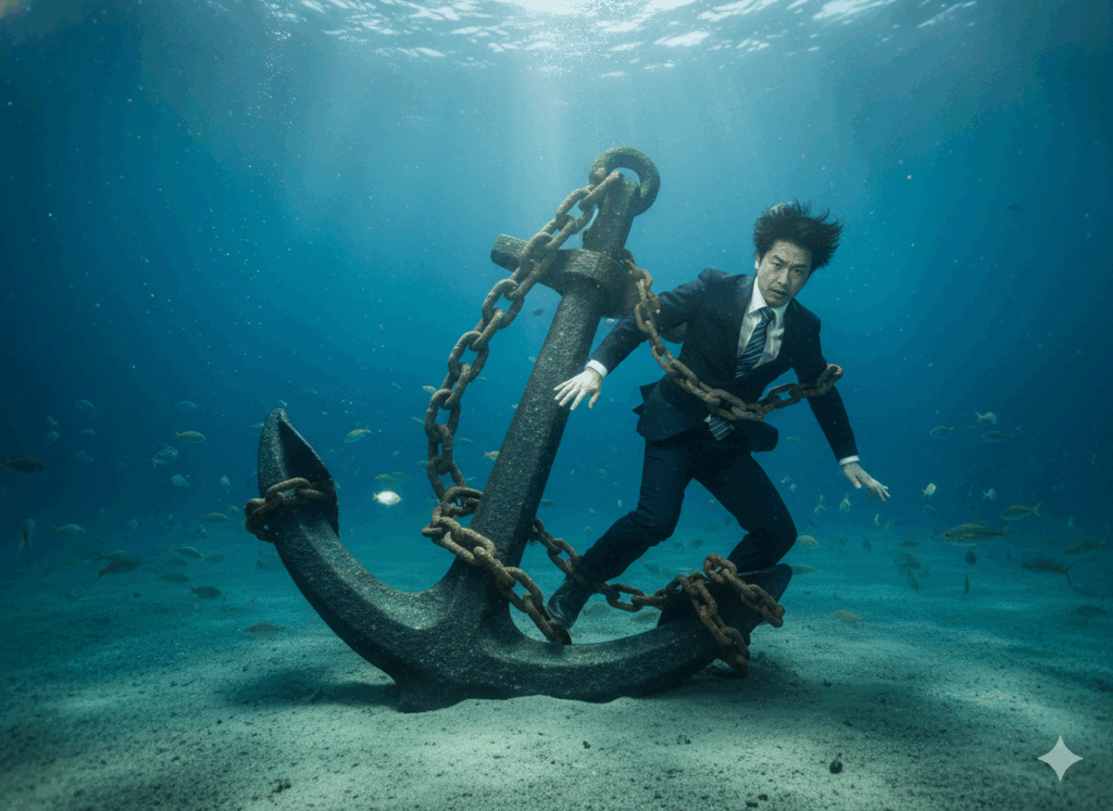 海底の巨大な錨の鎖に繋がれ動けないスーツ姿の男性。アンカリング効果で思考が固定される様子を象徴する画像。