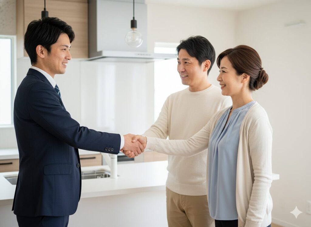 お客様の信頼を勝ち取り、笑顔で握手するリフォーム営業マンと顧客。