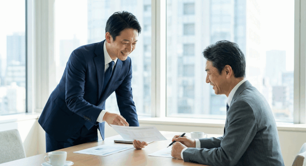 オフィスにて、営業マンと顧客が資料を見ながら笑顔で談笑している様子。一方的な説明ではなく、双方向のコミュニケーションが生まれている温かい雰囲気。