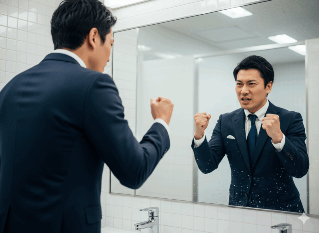 大事な商談の直前、トイレの鏡の前でガッツポーズを作り「よし!」と自己暗示をかける日本人ビジネスマン