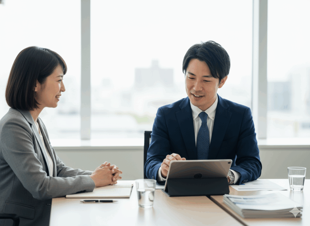 フェや会議室で、落ち着いた雰囲気の営業担当者が、顧客のタブレット画面を指差しながら静かに説明し、顧客が深く頷いている様子。信頼感、日本