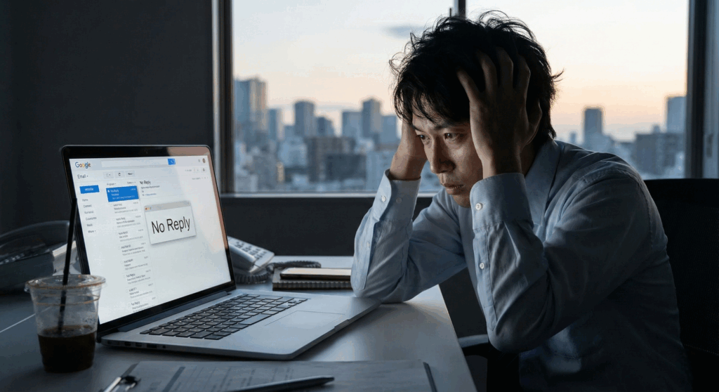 夕暮れのオフィスで、パソコンの画面に表示された送信済みメールを見つめながら、頭を抱えて悩んでいる日本人男性営業マン。デスクには冷めたコーヒーが置かれている。
