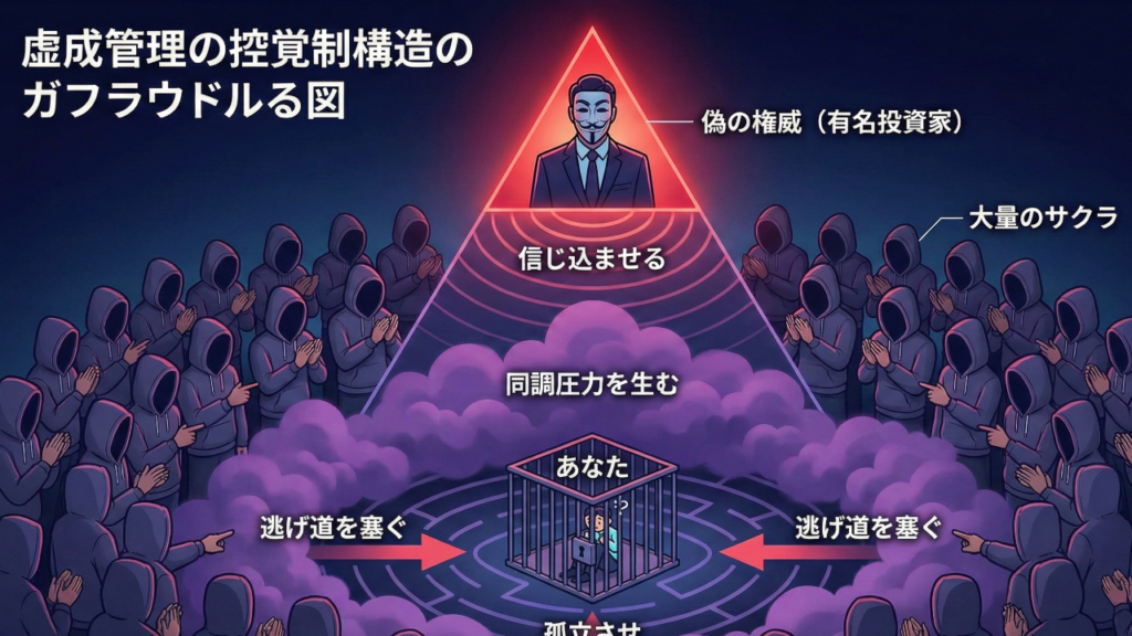 頂点：偽の権威（有名投資家）＝「信じ込ませる」
・周囲：大量のサクラ＝「同調圧力を生む」
・標的：あなた＝「孤立させ、逃げ道を塞ぐ」