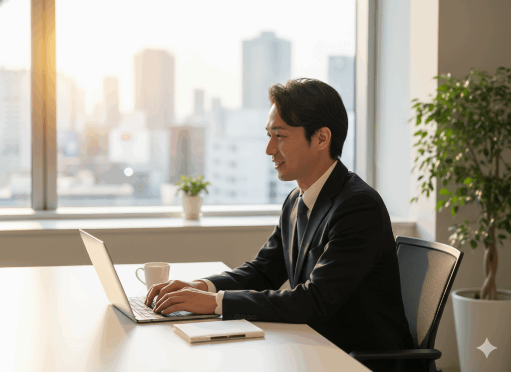 日本人ビジネスマン オフィス パソコン メール作成 笑顔 自信 清々しい朝