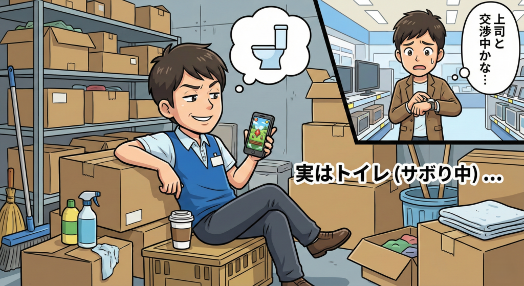 値引き交渉中にバックヤードへ行った店員が、実はトイレでスマホを見ているイラスト