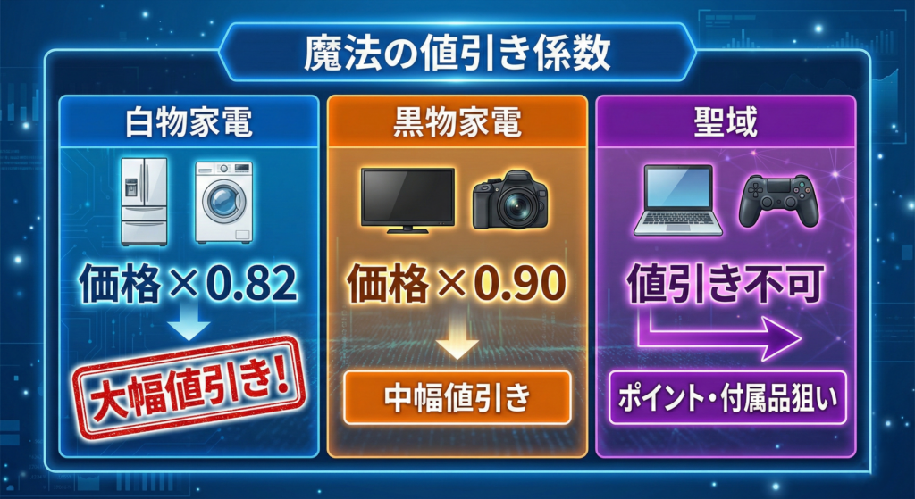 家電の種類ごとの値引き係数を示した図解：白物家電0.82、黒物家電0.9