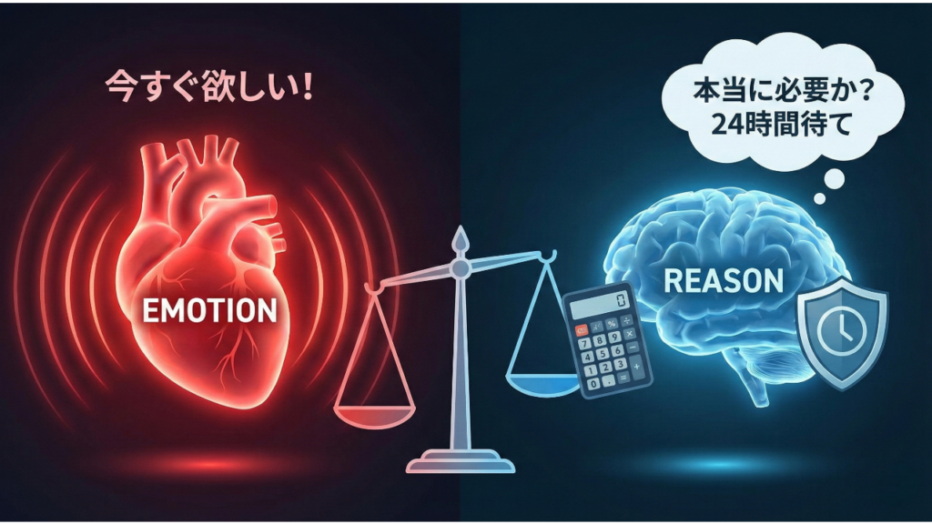 脳内で「欲しい！」と叫ぶ感情（ハート）と、「本当に必要か？」と計算する理性（脳）が戦っている図解。